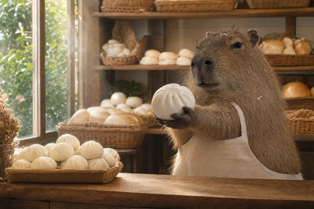 The capybara in an apron stands by racks of buns.