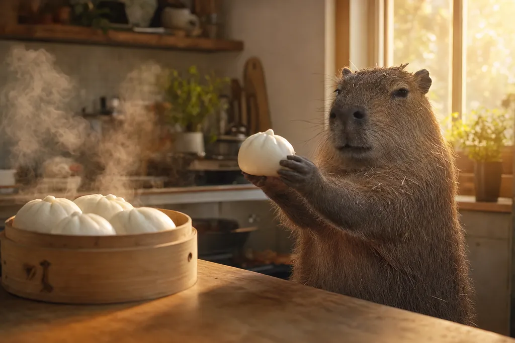 Steam rises over a basket of buns next to the capybara.