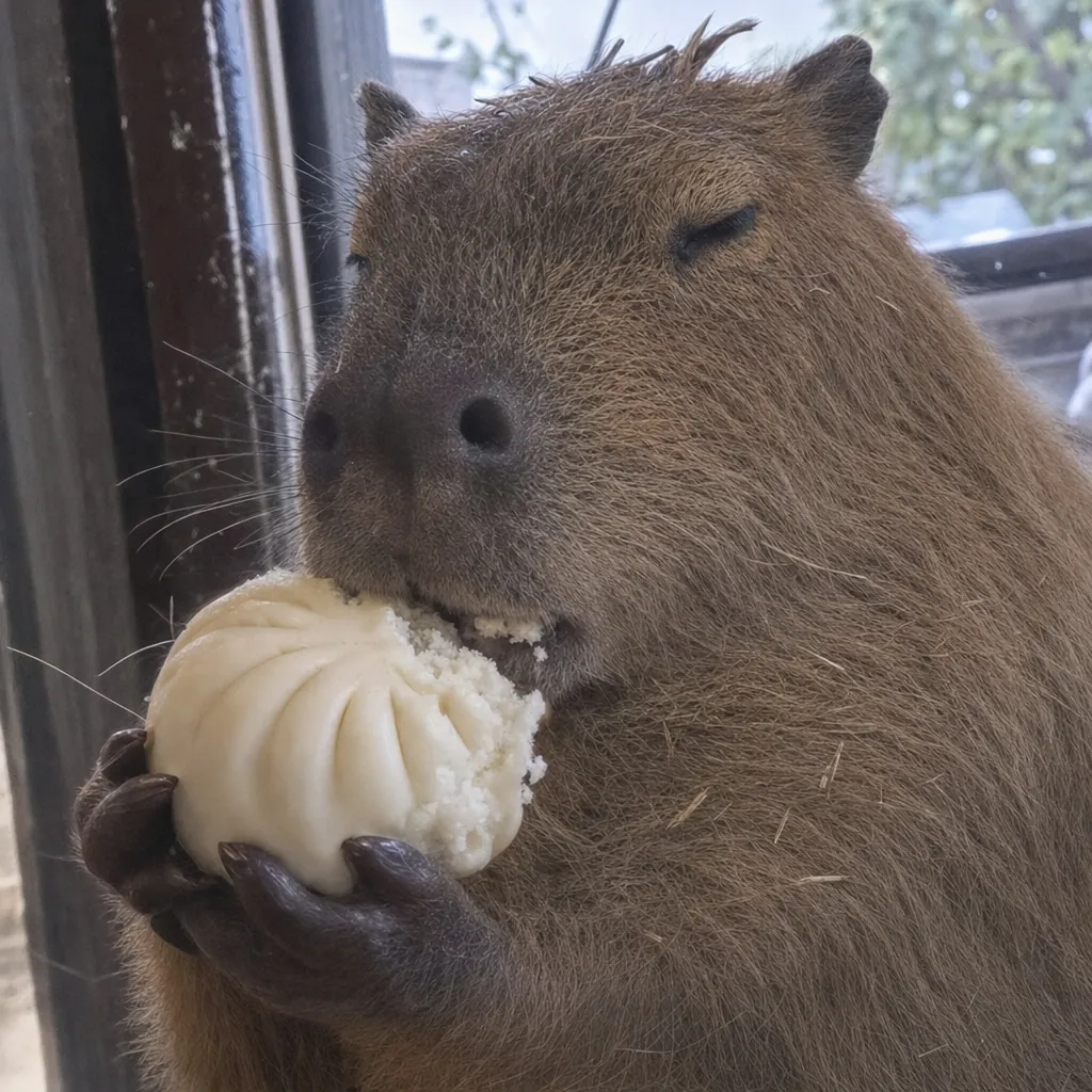The capybara takes one small bite of a bun.