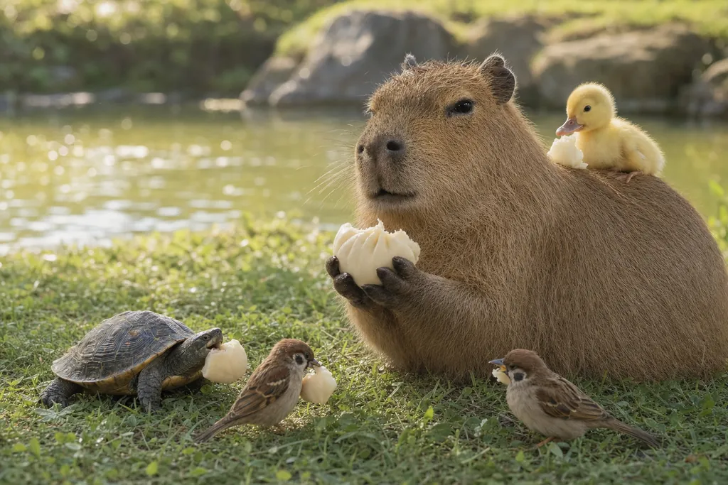 The capybara sits by a garden pond with a small duckling on his back and a bun in his hands. A turtle and two small birds sit near him.