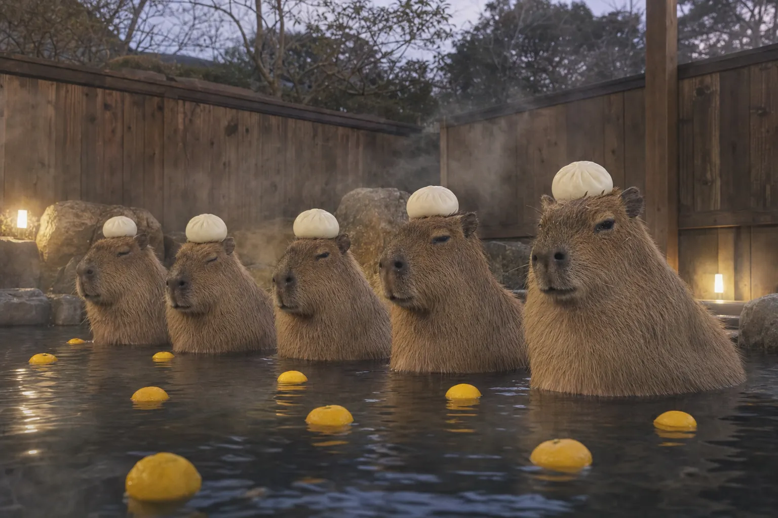 Five capybaras sit in a big hot bath, each one with a bun on its head.