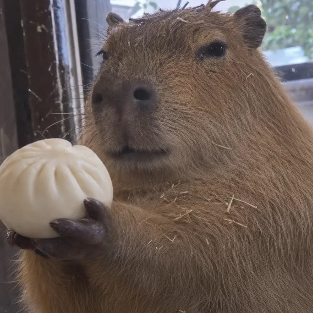 The capybara holds a soft white bun in his hands.