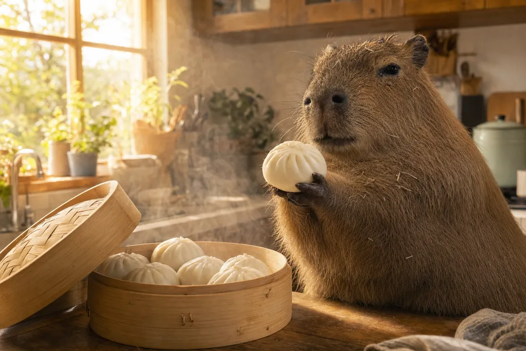 The capybara opens a bamboo steamer and takes the first bun.
