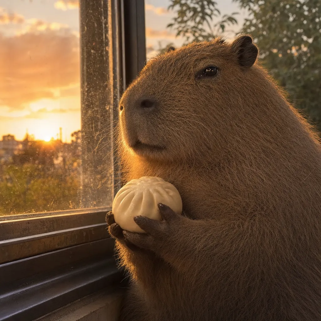 The capybara sits at a window at sunset with a bun in his hand.