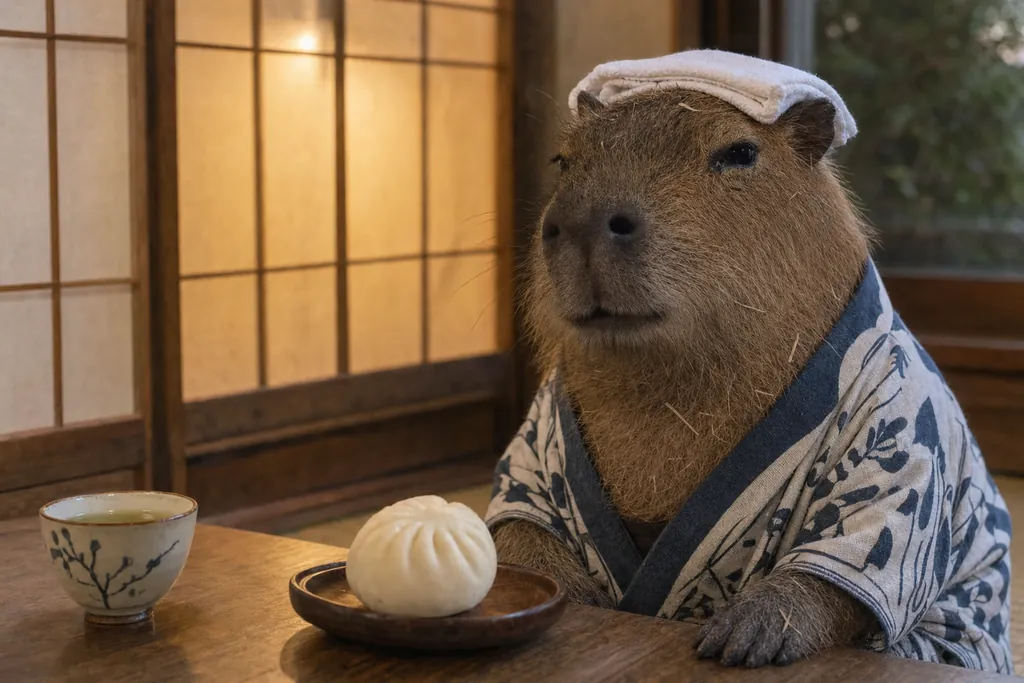 The capybara in a robe with a towel on his head, next to a tray with one bun and hot tea.